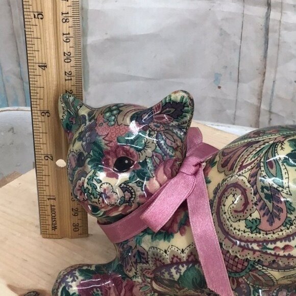 Joan Baker Patchwork Cat Figurine Pink Bow Paisley Print Ring Holder Collectible - Picture 6 of 6